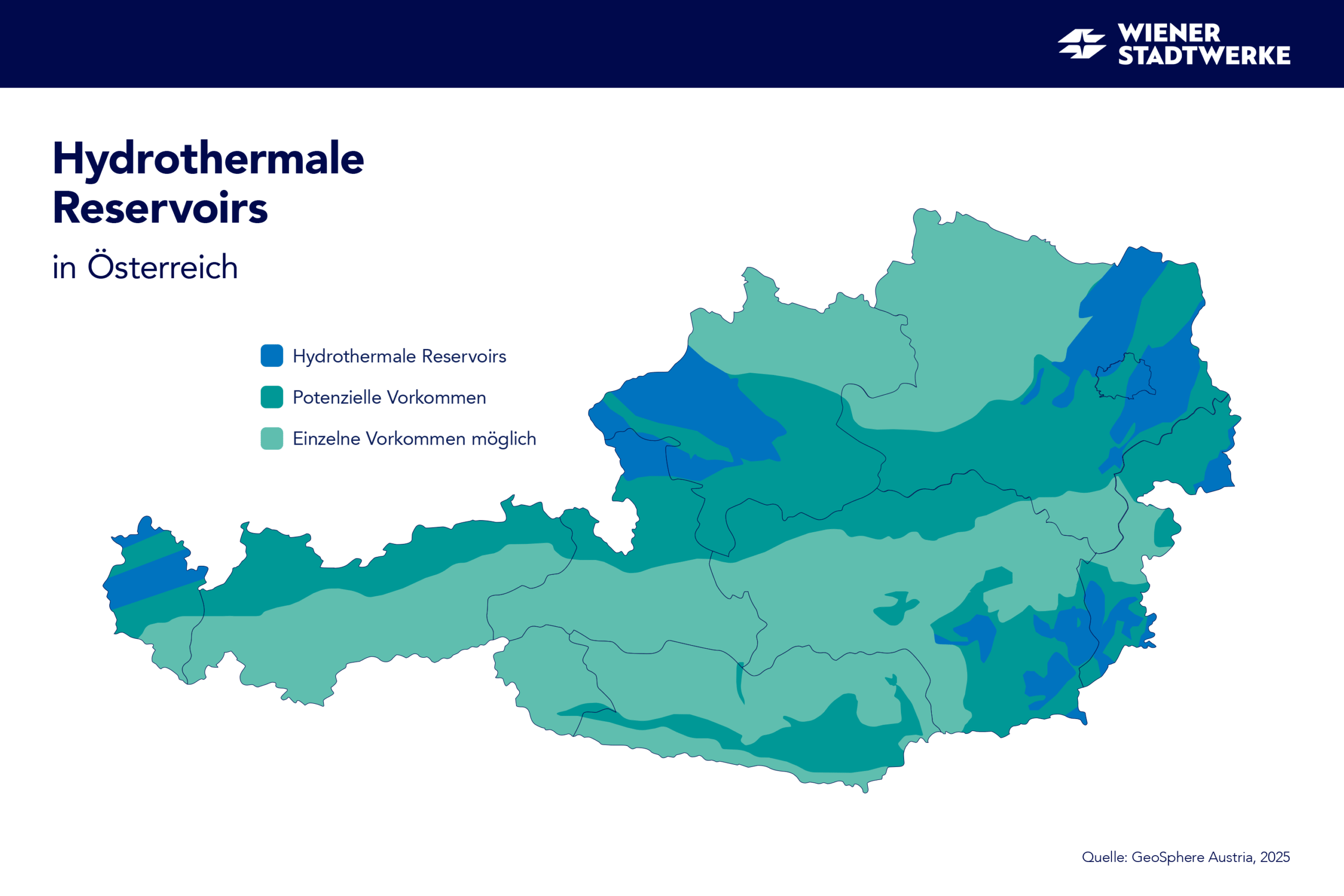 Karte der hydrothermalen Reservoirs in Österreich, Datenstand 2025. Aufgeteilt in hydrothermale Reservoirs, potenzielle Vorkommen sowie einzelne mögliche Vorkommen.